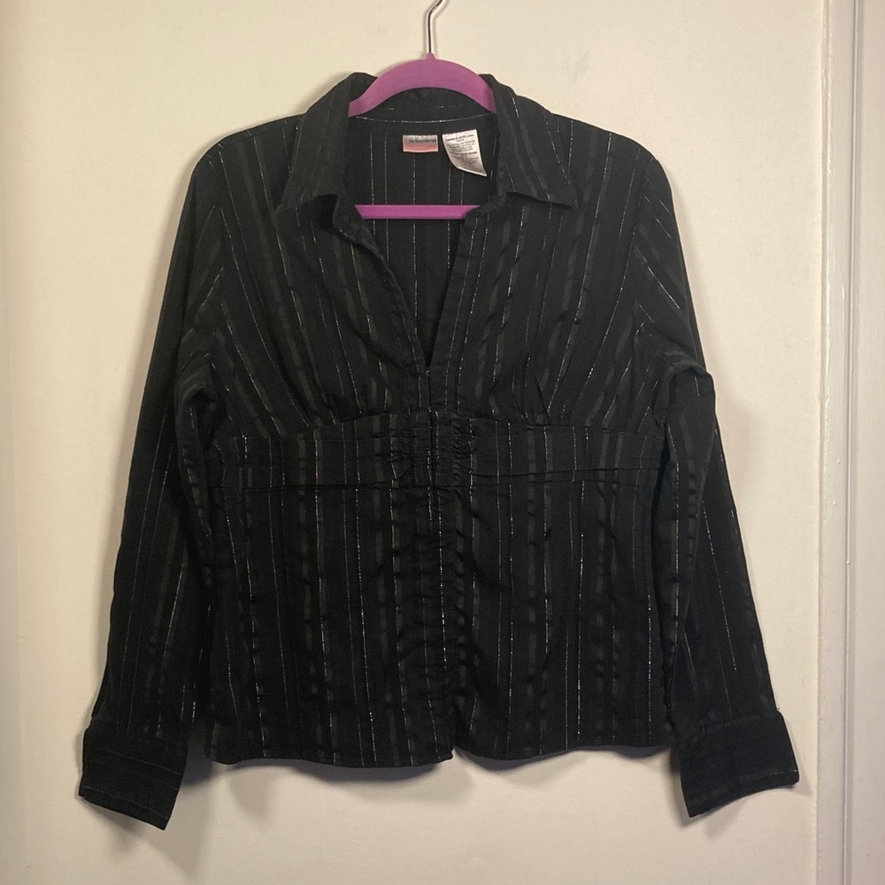 Y2K No Boundaries Black Whimsigoth Corset Blouse Sz XL Silver Pinstripe Ruched